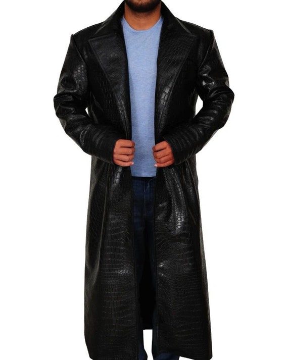 Men's Black Crocodile Faux Leather Trench Coat| Crocodile