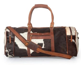 Handmade Cowhide Duffle Bag: Tricolor Leather Travel Cross body Weekender Bag