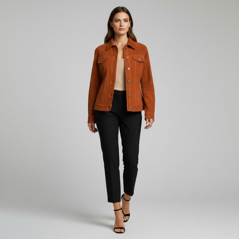 Women's Tan Brown Suede Trucker Jacket image 3