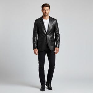ハンドメイドのスリムフィットブラックレザーブレザー：メンズ本革コート