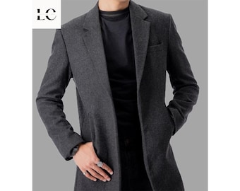 Men's Wool Trench Coat: Long Vintage Grey Winter Pea Coat