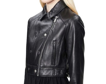 Women Leather Jacket/ Crop Motor Biker Leather Jacket/ Black Club Party Jacket/