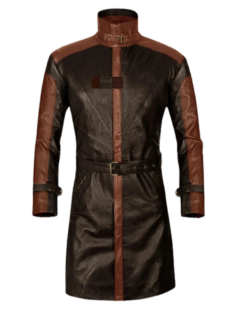 May include: A long brown leather coat with brown leather sleeves. The coat has a high collar and a belt around the waist.