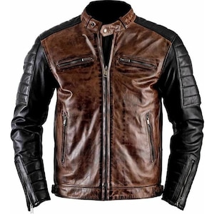 Men Distressed Cafe Racer Leather Biker Jacket/ Brown Vintage Motorcycle Jacket/