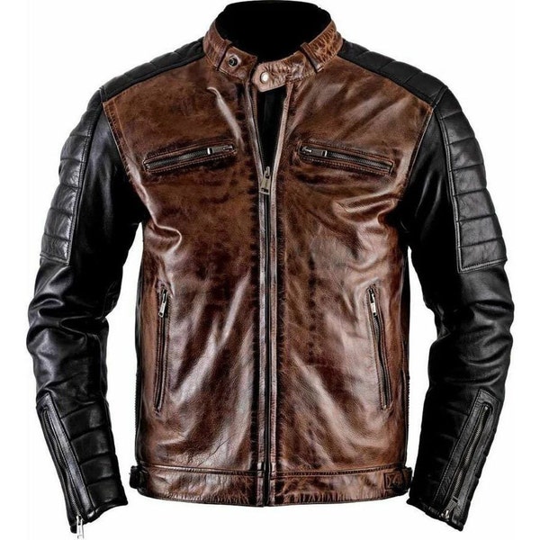 Men Distressed Cafe Racer Leather Biker Jacket/ Brown Vintage Motorcycle Jacket/