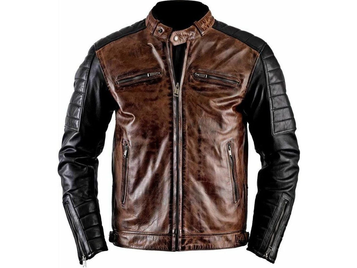 Men's Distressed Black Real Leather Jacket – Biker / Cafe Racer Style, Slim Fit, Zip Front