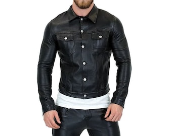 Men's Black Leather Trucker Jacket: Slim Fit Biker Style