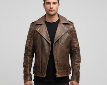 Men's Distressed Brown Leather Biker Jacket: Slim Fit Quilted Motorcycle Jacket