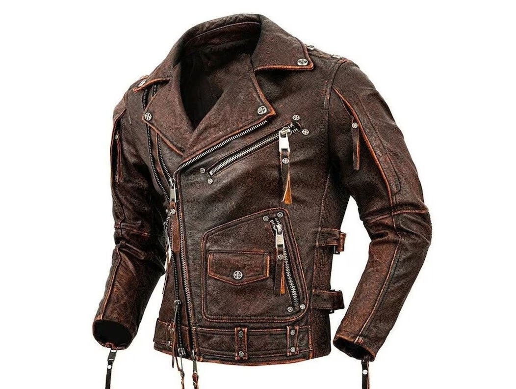 Men's Distressed Vintage Brown Leather Jacket/ Motorcycle Cafe Racer ...