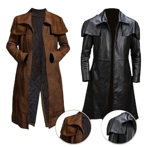 Men's Fallout Suede Leather Duster Coat/ Ranger Military Long Leather Trench Coat/ Cowboy Leather Overcoat/