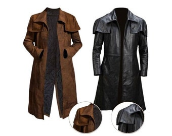 Men's Fallout Suede Leather Duster Coat/ Ranger Military Long Leather Trench Coat/ Cowboy Leather Overcoat/