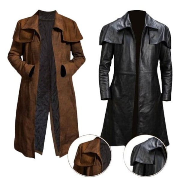 Men's Fallout Suede Leather Duster Coat/ Ranger Military Long Leather Trench Coat/ Cowboy Leather Overcoat/