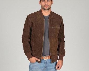 Handmade/ Men Brown Leather Biker Jacket/ Suede Jacket/