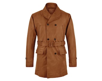 Men's Fall Leather Trench Coat/ Brown Long Leather Halloween Coat/ Tan Duster Coat/