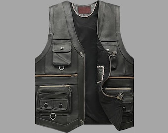 Black Leather Motorcycle Vest: Handmade Slim Fit Multi-Pocket Vest