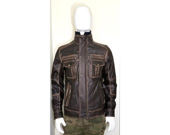 Handgemaakte vintage bruine leren motorjas - jaren 80 bikerstijl