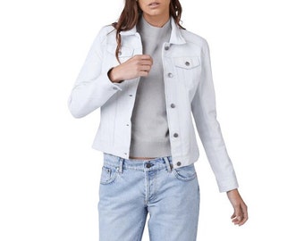 White Leather Jacket/ Women Leather Trucker Jacket/ Denim Style Jacket/ Casual Jacket/