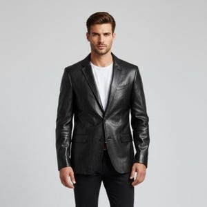 Op de afbeelding: Een zwarte leren blazer met een revers, twee voorzakken en een sluiting met één knoop. De blazer wordt gedragen over een wit T-shirt en een zwarte broek. De jas heeft een klassieke, getailleerde pasvorm.