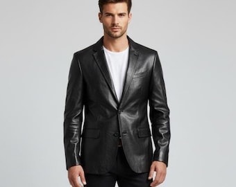 Handmade Slim Fit Black Leather Blazer: Men's Genuine Leather Coat