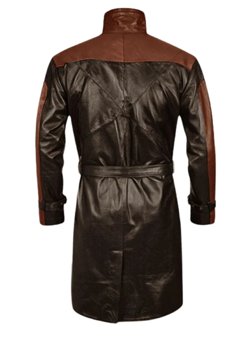 May include: A long brown leather coat with brown leather accents on the sleeves and collar. The coat has a belt and a stand-up collar.