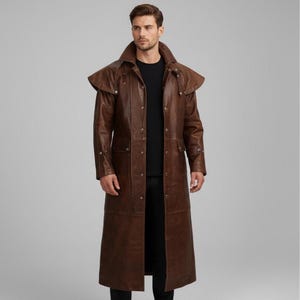 Abrigo largo de cuero hecho a mano/Gabardina vaquera estilo steampunk gótico para hombre/