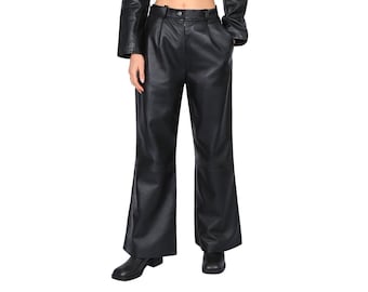 Women's Black Genuine Leather Wide Leg Pants/ Lambskin Flared Trousers/ Handmade Bell Bottom Pants/