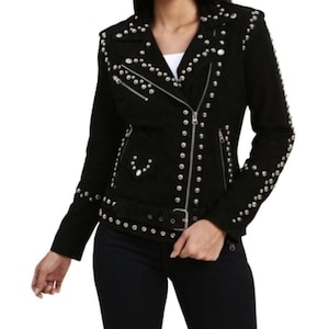 Chaqueta punk de ante negro con tachuelas para mujer: cuero con púas plateadas