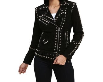 Women's Black Suede Studded Punk Jacket: Silver Spiked Leather