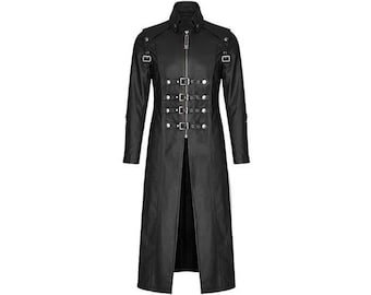 Handmade Black Leather Duster Coat: Gothic Punk Trench Overcoat