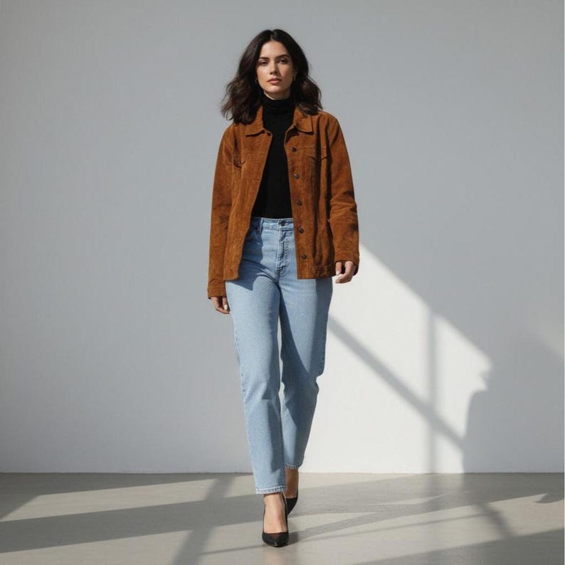 May include: A woman wearing a brown suede jacket over a black turtleneck and light blue jeans. The jacket has a button-up front and two chest pockets. She is also wearing black heels.