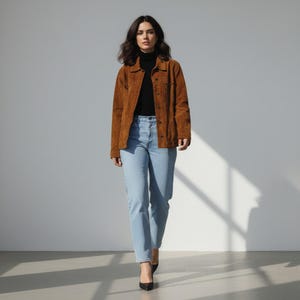 May include: A woman wearing a brown suede jacket over a black turtleneck and light blue jeans. She is also wearing black heels. The jacket has a button-up front and two chest pockets. The jeans are high-waisted.
