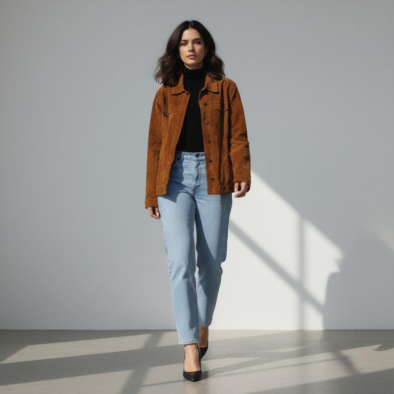 May include: A woman wearing a brown suede jacket over a black turtleneck and light blue jeans. She is also wearing black heels. The jacket has a button-up front and two chest pockets. The jeans are high-waisted.