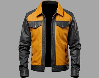 Trucker Leather Jacket/ Men's Black Leather Jacket/ Yellow Leather Jacket/ Handmade Jacket