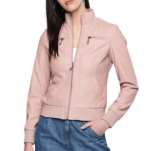 Pink Leather Biker Jacket/ Handcrafted Slim Fit Pink Bomber Jacket/ Women&#39;s Sheepskin Jacket/ Gift For Her/ Christmas Gift/
