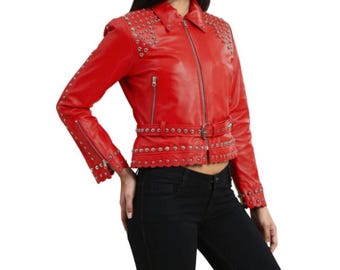 Red Studded Leather Crop Jacket: Silver Spike Punk Biker