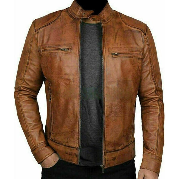 Men's Cafe Racer Brown Leather Jacket/ Distressed Motorcycle Jacket/ Handmade/