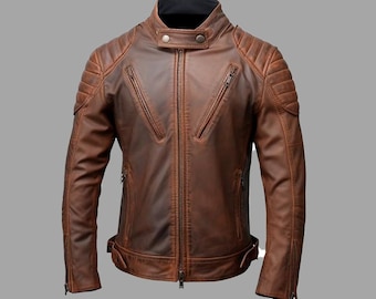 Men's Handmade Brown Distressed Leather Biker Jacket