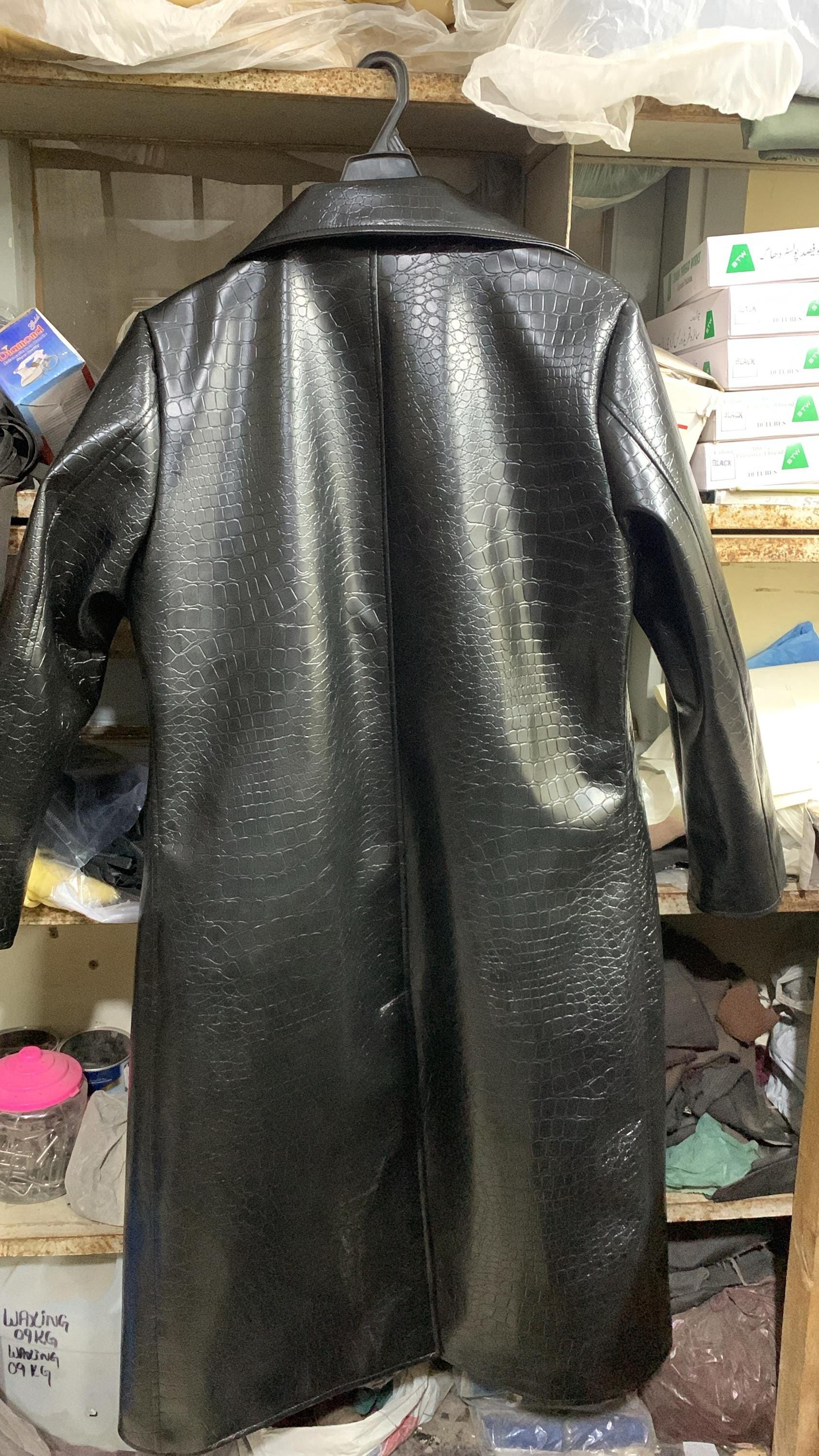 Men's Black Crocodile Faux Leather Trench Coat| Crocodile