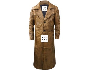 Men&#39;s Full Length Sheepskin Leather Duster Coat: Western Trench Style