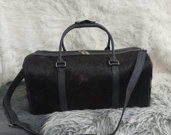 Black Cowhide Duffle Bag: Handmade Pony Hair Weekend Travel Bag