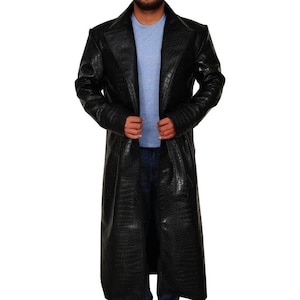 Men&#39;s Black Crocodile Faux Leather Trench Coat| Crocodile Long Coat| Alligator Leather Jacket|