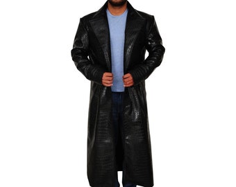 Men&#39;s Black Crocodile Faux Leather Trench Coat: Alligator Style