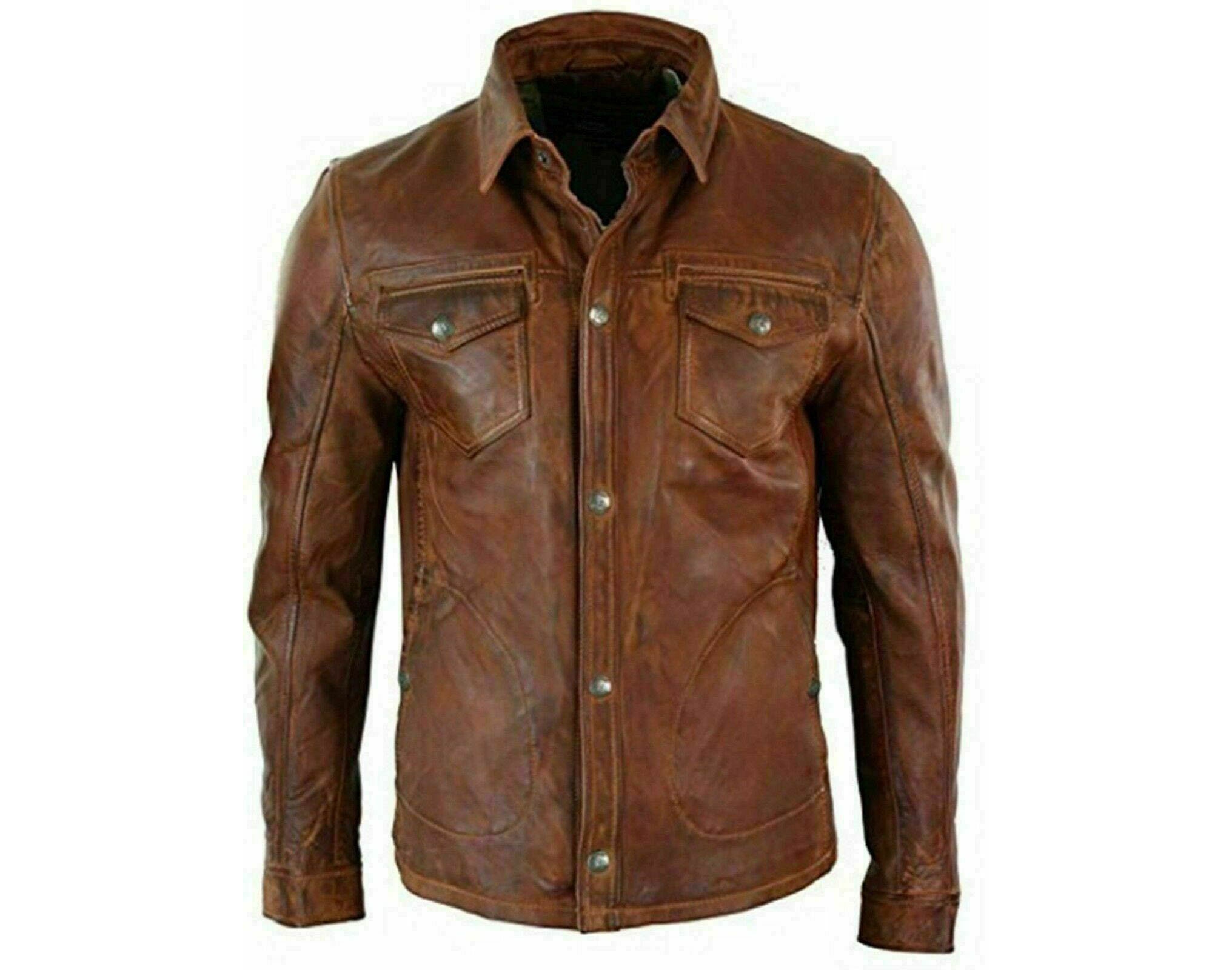 Men's Brown Biker Leather Shirt Jacket/ Distressed Vintage