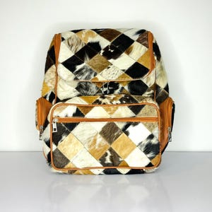 Handmade Real Cowhide Leather Backpack - Western Diamond Pattern Travel Bag - Unisex Diaper Bag