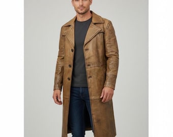 Herren Schaffell Leder Duster Mantel in voller Länge: Western Trench Style
