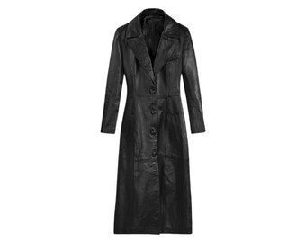 Women Sheepskin Leather Trench Coat/ Handmade Long Black Leather Coat/ Full Length Leather Overcoat/ Gift For Her/