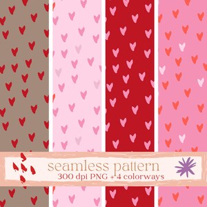Op de afbeelding: Een verzameling naadloze patronen met handgetekende harten in verschillende tinten rood, roze en bruin. De patronen worden weergegeven in verticale strepen, met de tekst "seamless pattern" en "300 dpi PNG +4 colorways" in een rechthoekige banner.