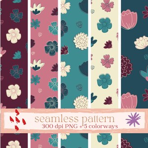Op de afbeelding: Een verzameling naadloze bloempatronen in verschillende kleurenschema's. De ontwerpen tonen gestileerde bloemen in tinten van teal, roze, crème en bordeaux. De afbeelding bevat de tekst "seamless pattern" en "300 dpi PNG +5 colorways."