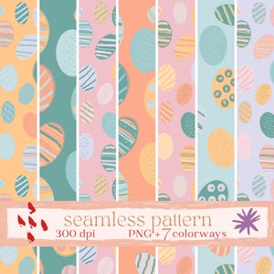 Op de afbeelding: Zeven naadloze patronen met paasei-ontwerpen in pasteltinten. De eieren zijn versierd met strepen en stippen. De afbeelding bevat de tekst "seamless pattern" en "PNG + 7 colorways".
