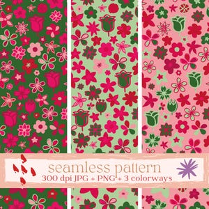 Premium Seamless Pattern | Flowers Red Pink & Green – Digital Download (JPG + PNG + 3 Colorways)